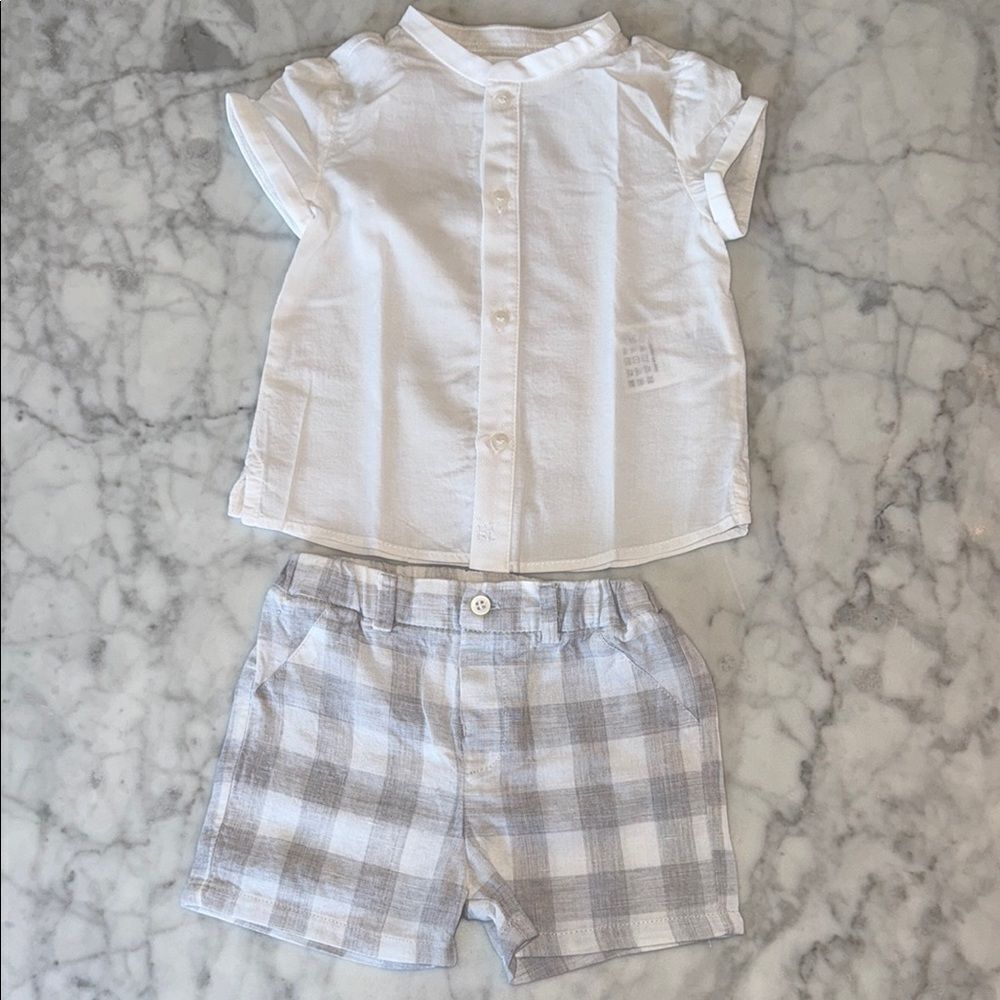 Mayoral Baby White & Gray Plaid Outfit 6/9M